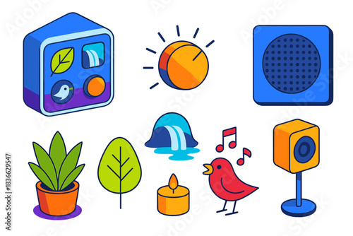 Isometric Sound Therapy Icons. Isometric vector illustration set Sound therapy – ambient noise generator, control dial, speaker