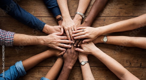 people together hand in hand support office business teamwork overhead aerial view concept