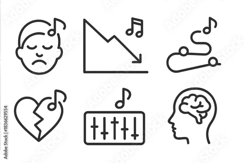 Music Therapy Goals Icons. Line style icons of therapeutic goals in music therapy: stress relief icon, anxiety reduction graph,