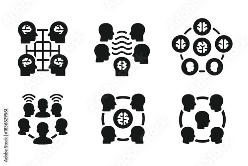 Telepathic Network Icons. Solid style icons of telepathic group networks: mind mesh grid, collective thought field, hive brain