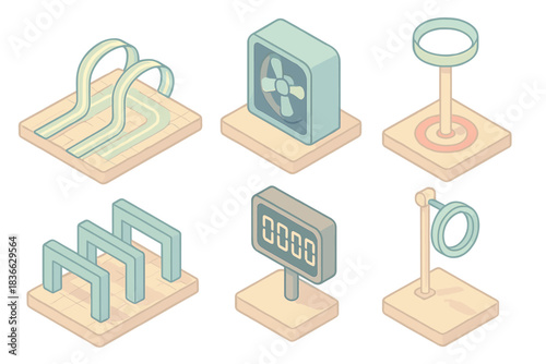 Drone Racing Obstacle Course. Isometric vector illustration set Drone racing obstacle course design: elevated grid path with