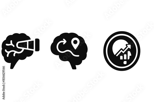 Visionary Leadership Icons. Solid style icons of leadership vision and purpose: brain with telescope, future path neuron,
