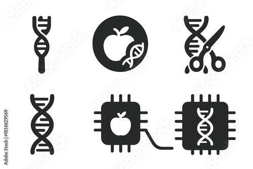 Gene-Editing Icons. Solid style icons of gene-editing and nutrition: CRISPR fork icon, modified nutrient ring, gene-scissors glyph