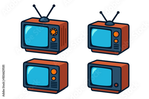 Retro Electronics Icons. Isometric vector illustration set Retro electronics – CRT television, curved screen, rabbit ears antenna;