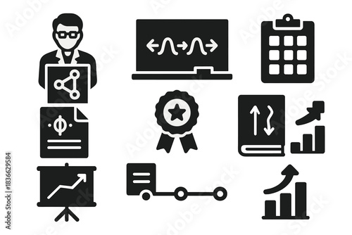 Teleportation Research Icons. Solid style icons of teleportation research and discovery: scientist with entangled graph,