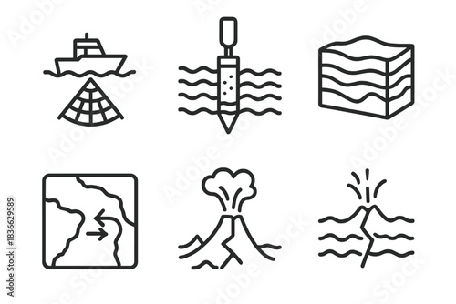 Marine Geology Icons. Line style icons of marine geology: seafloor mapping unit, sediment core sample, rock formation diagram,