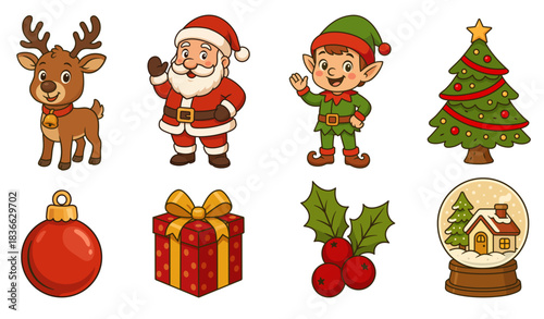 Christmas characters and objects illustrations set. Vector cartoon clipart for Christmas decorations