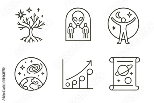 Astrobiological Iconography. Line style icons of philosophical and cultural themes in astrobiology: tree of life branching to