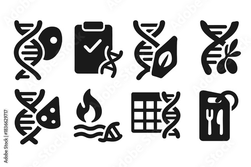 Dietary DNA Icons. Solid style icons of diet types by genotype: high-protein DNA icon, low-carb match symbol, vegan gene tag.