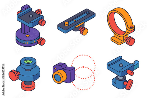 Photography Equipment Icons. Isometric vector illustration set Film and photography – panoramic head, nodal slide, tripod collar;