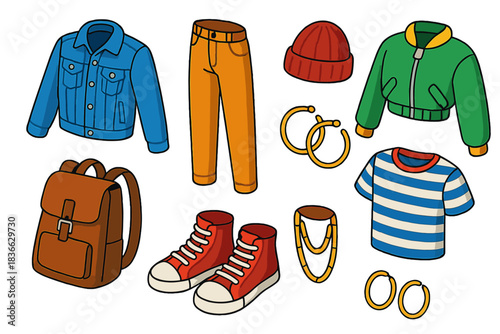 Vibrant Streetwear Icons. Isometric vector illustration set Street fashion – denim jacket, corduroy pants, cropped bomber; beanie