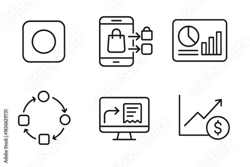 Delivery Platform Icons. Line style icons of third-party delivery platforms: app logo placeholder, multi-app order system,