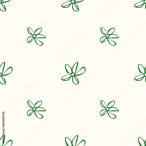Green vector seamless pattern with outline flowers