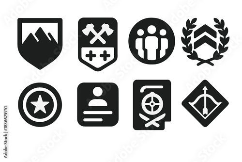 Group Survival Badges. Solid style icons of group survival badges: team crest glyph, badge icon, shared skills badge. Rank ring,