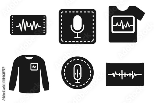Sound-Infused Garments Icons. Solid style icons of sound-data garments: audio info stripe, voice log patch, waveform archive panel