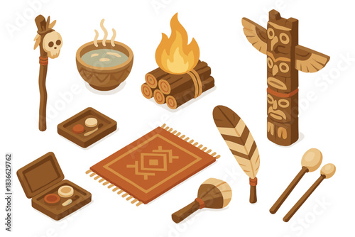 Cultural Ritual Artifacts. Isometric vector illustration set of Cultural rituals: shaman staff, purification water bowl, sacred