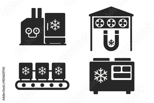Industrial Refrigeration Icons. Solid style icons of industrial scale refrigeration: factory fridge system, magnet chiller in