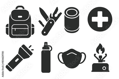 Disaster Readiness Icons. Solid style icons of disaster readiness kits: go bag glyph, multi-tool icon, canned food badge. First