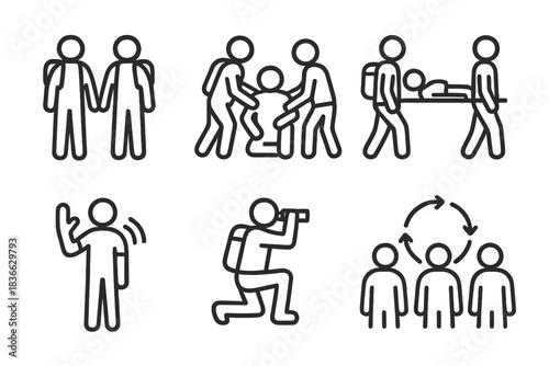 Wilderness Teamwork Icons. Line style icons of teamwork in wilderness care: buddy system, group medical support, team carrying