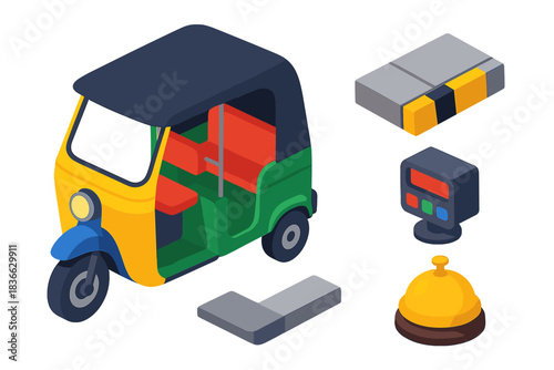 Vibrant Transport Icons. Isometric vector illustration set Public transportation – rickshaw, sidecar bench, canopy roof; driver