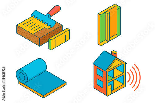 Eco Building Materials. Isometric vector illustration set Eco construction – cork insulation panel, adhesive spreader,