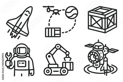 Interplanetary Terraforming Icons. Line style icons of interplanetary terraforming logistics: supply shuttle icon, cargo drone