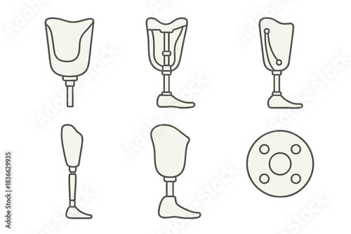 Minimalist Prosthetic Icons. Line style icons of transparent and minimalist prosthetics: clear socket shell, skeletal design view,