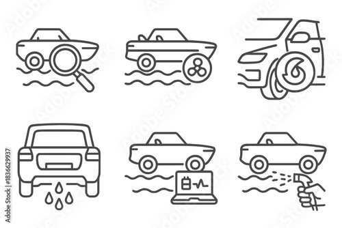 Amphibious Car Maintenance Icons. Line style icons of amphibious car maintenance: hull inspection icon, propeller check symbol,