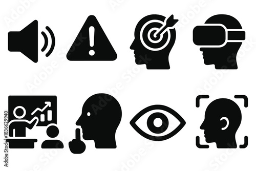 Immersive Learning Icons. Solid style icons of immersive learning experiences: sound bubble glyph, attention icon, focused badge.