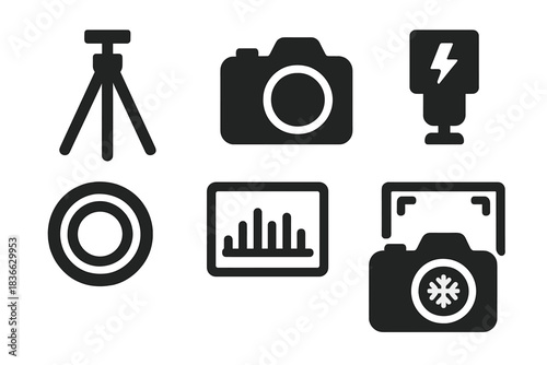 Cave Photography Icons. Solid style icons of cave photography tools: tripod glyph, DSLR icon, flash badge. Wide lens ring, capture