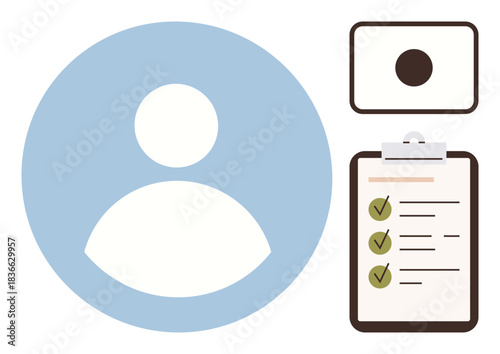 User profile symbol, clipboard with a checklist, and identification card emphasizing identity management. Ideal for user registration, authentication, data verification, checklist completion, task