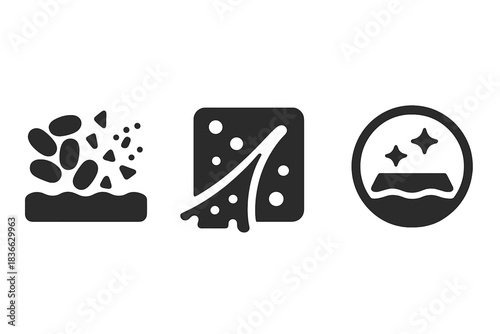 Biofilm Plasma Removal Icons. Solid style icons of biofilm removal with plasma: bacterial film icon breaking apart, plaque with