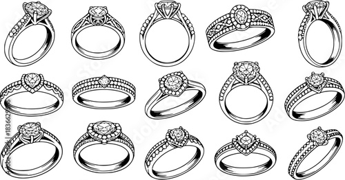 diamond studded engagement rings vector set, wedding ring symbolizing love and commitment. Variety of designs, from classic solitaires to intricate patterns