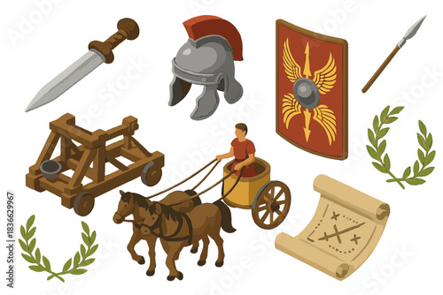 Ancient Roman Warfare Icons. Isometric vector illustration set of Historical warfare: Roman gladius, legionnaire helmet,
