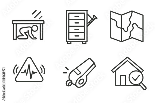 Earthquake Readiness Icons. Line style icons of earthquake readiness: drop-cover-hold diagram, secure furniture anchor, seismic
