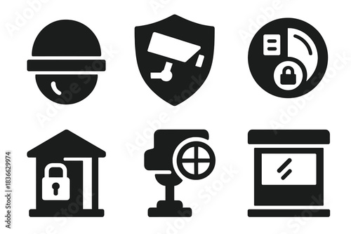 Secured Shelter Icons. Solid style icons of secured observation shelters: watch dome glyph, steel shield icon, camera badge.