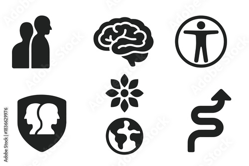 Jungian Symbol Icons. Solid style icons of psychological symbolism: shadow figure glyph, layered brain icon, archetype ring.