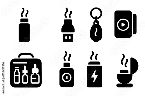 Portable Scent Devices. Solid style icons of portable digital scent devices: scent-on-the-go, mini USB diffuser, keychain aroma