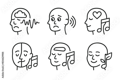 Music Therapy Icons. Line style icons of music therapy in mental health: depression and music wave, anxiety relief sound,