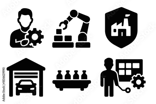 Startup Icon Set. Solid style icons of startup product micro-labs: entrepreneur with part, early-stage build icon, startup factory