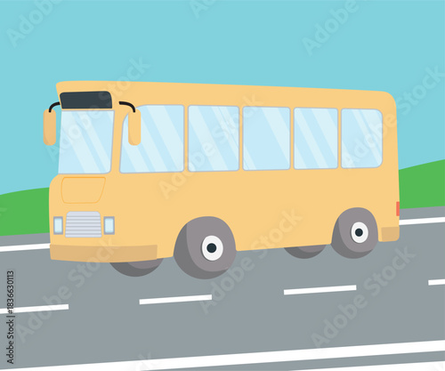 Yellow bus on the road. Vector illustration.