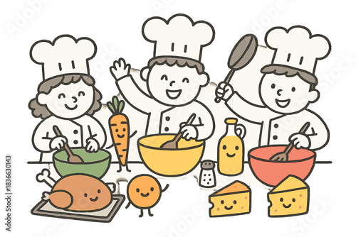 Cheerful Cooking Collaboration. Adorable doodle scene of cheerful chefs and happy foods cooking allergen-free dishes together