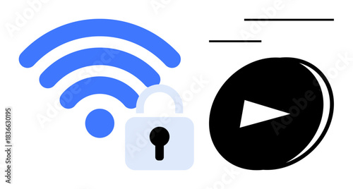 Internet security, streaming services, wireless connection, data privacy, digital media, content access. Blue wireless symbol with padlock and black play button icon. Internet security and streaming