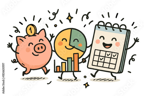 Finance Helpers Celebration. Fun doodle illustration of personal finance helpers — piggy bank, chart, and planner — celebrating