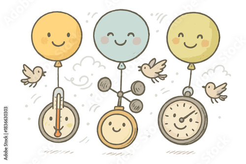 Cheerful Weather Balloons. Adorable doodle scene of cheerful weather balloons carrying happy instruments measuring temperature,
