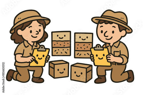 Cute Archaeologists Doodling. Fun doodle illustration of cute archaeologist characters mapping soil profiles with happy clipboards