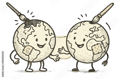 Restoring Friendly Globes. Playful doodle composition showing friendly globes chatting while being restored with brushes and