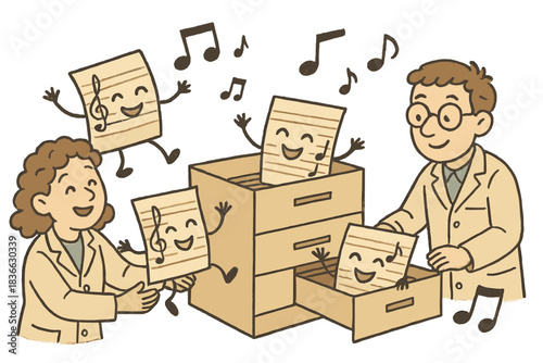 Joyful Archivists Organizing Manuscripts. Adorable doodle scene of cheerful archivists and musical notes helping happy dance