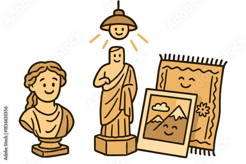 Museum Treasures at Rest. Playful doodle composition showing happy museum objects — sculptures, textiles, and photos — relaxing
