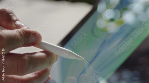 Close-up, artist drawing peacock feather on tablet screen while sitting at table